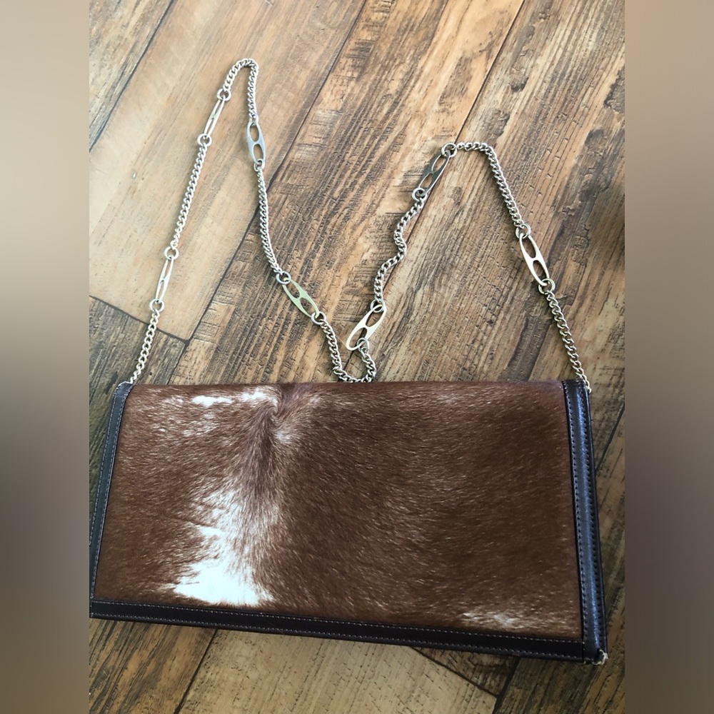 Brown cow hair purse clutch wallet with chain strap, 11.5 x 6” cowgirl western